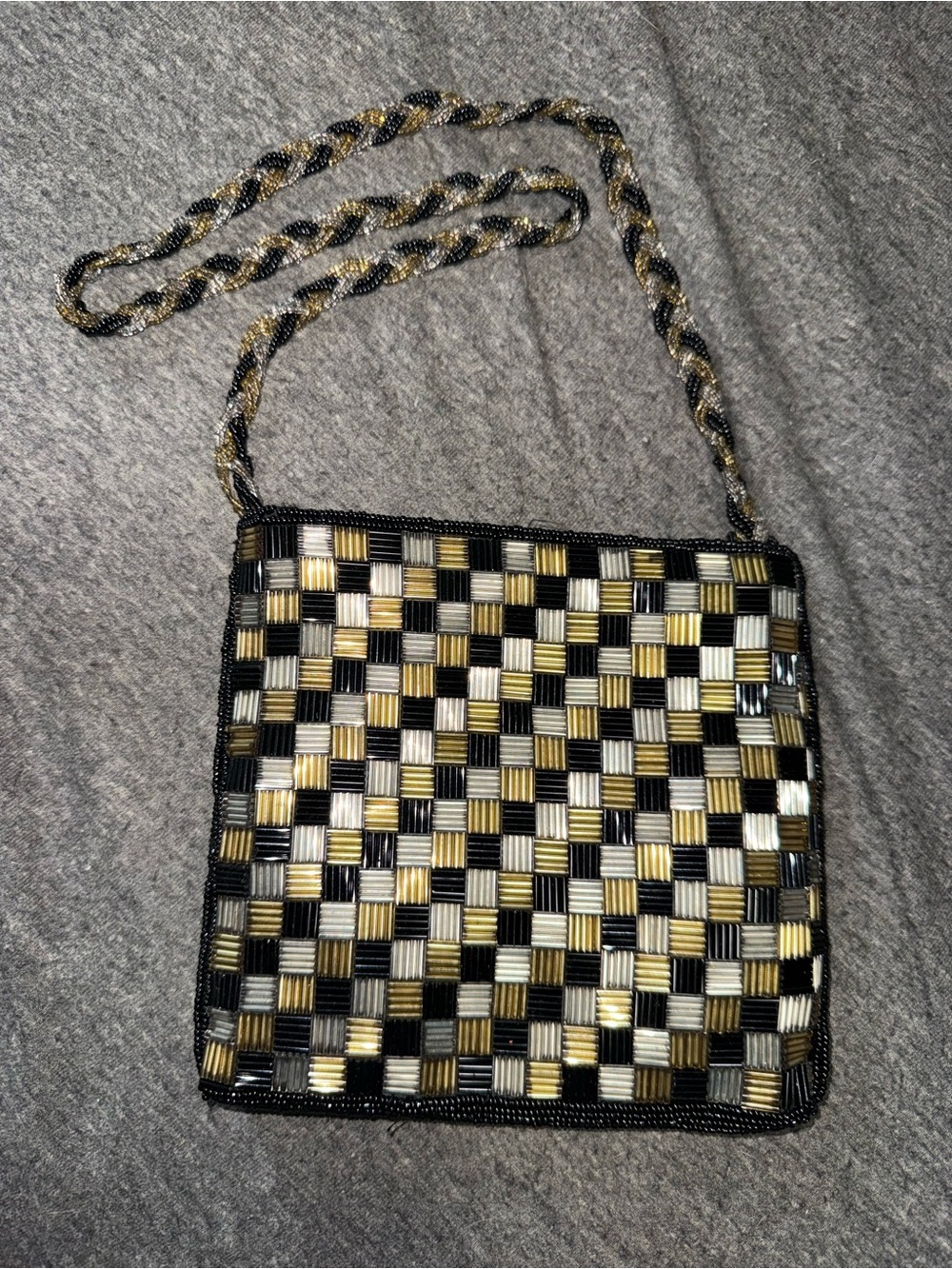 Magid Beaded Mini Bag in Black, Gold & Silver Checkerboard